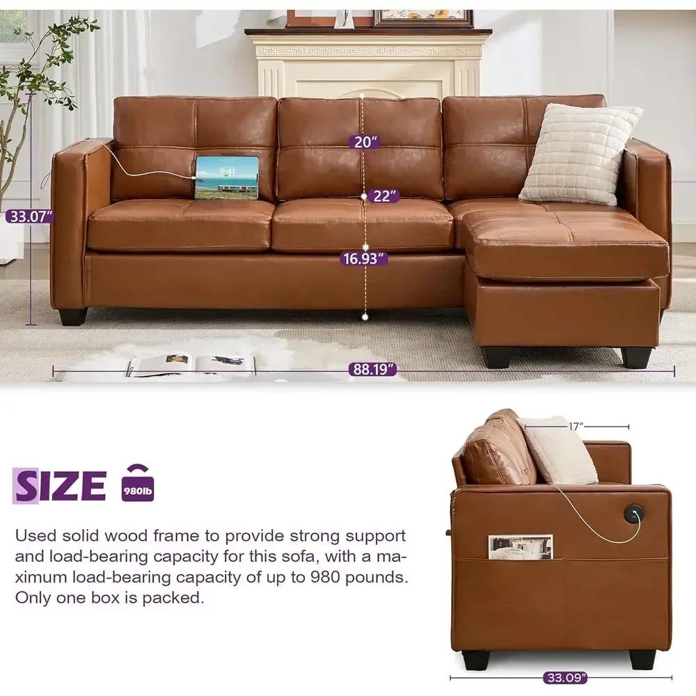 Brown Soa Couch Sectional Couches or Living Room, Comy aux Leather ular Convertible L Shaped Soas with USB & Ottoman, Leather Se