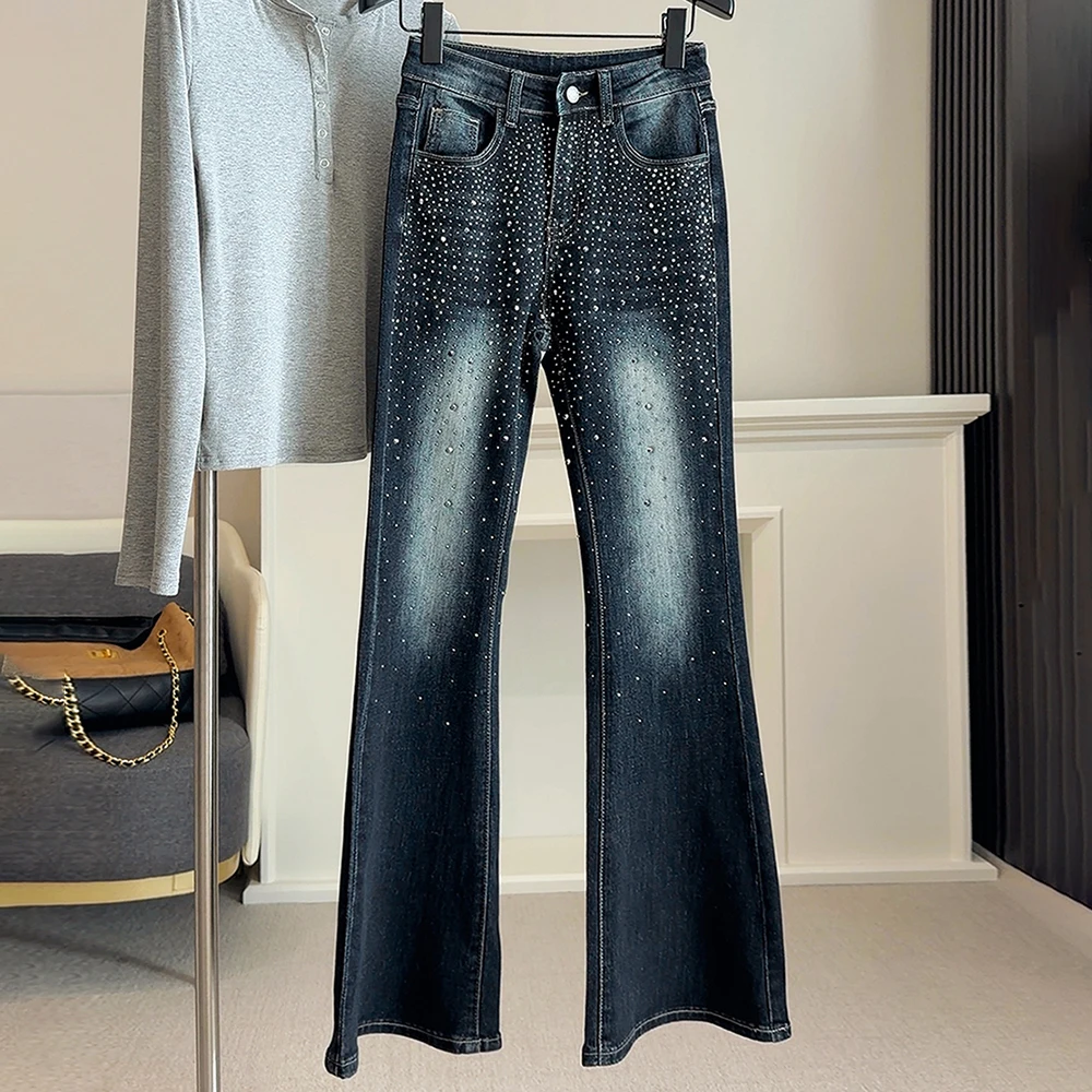 

Trendy Shiny Rivet Dark Blue Jeans for Women Trendy High Waist Slim Flared Denim Pants Luxury Rhinestone Diamond Design Trousers