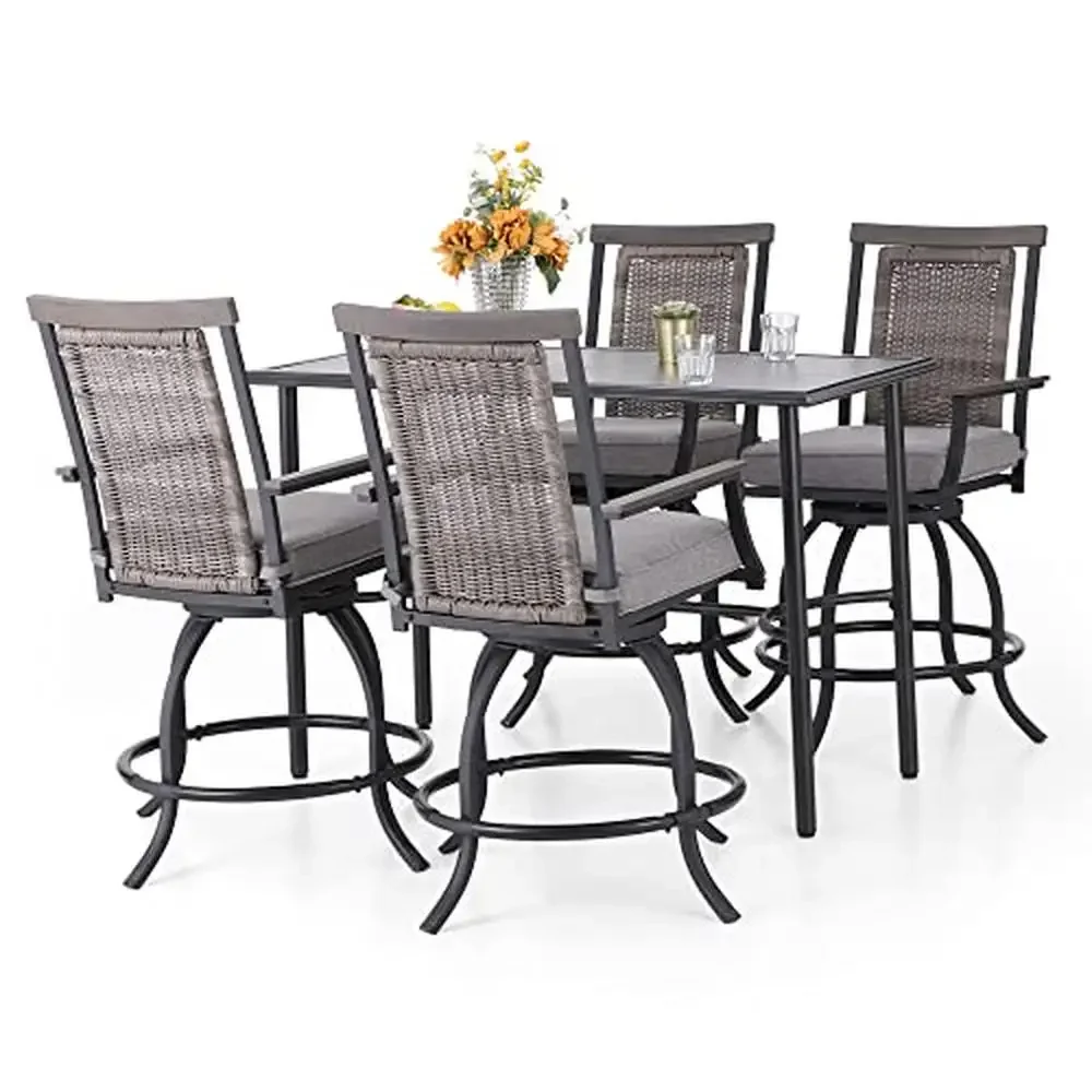 Outdoor 5 PCS Swivel Bar Chairs with Grey Cushion Wide Seats Metal Table High-quality Rattan Waterproof & Rust-proof Armrests