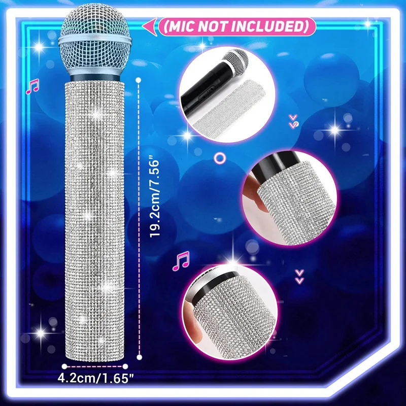 Mic Handle Cover,Sparkly Bling Rhinestones Mic Handle Sleeve for Party&TV Show,for Most Wireless Microphones, Black