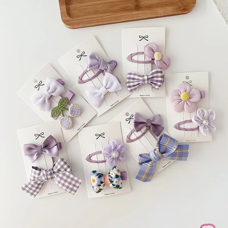 2pc Lavender Color Plaid Floral Print Basic Snap Baby Hair Drop Clips Hair Clamp Pins Hairpin Cotton BB Barrettes Girls Headwear