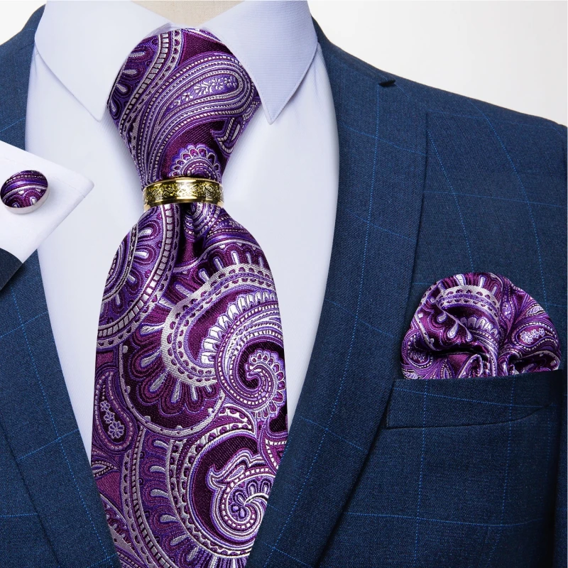 

Luxury Purple Silver Paisley Silk Ties For Men Pocket Square Cufflinks Tie Ring Wedding Accessories Neck Tie Set Gift Wholesale