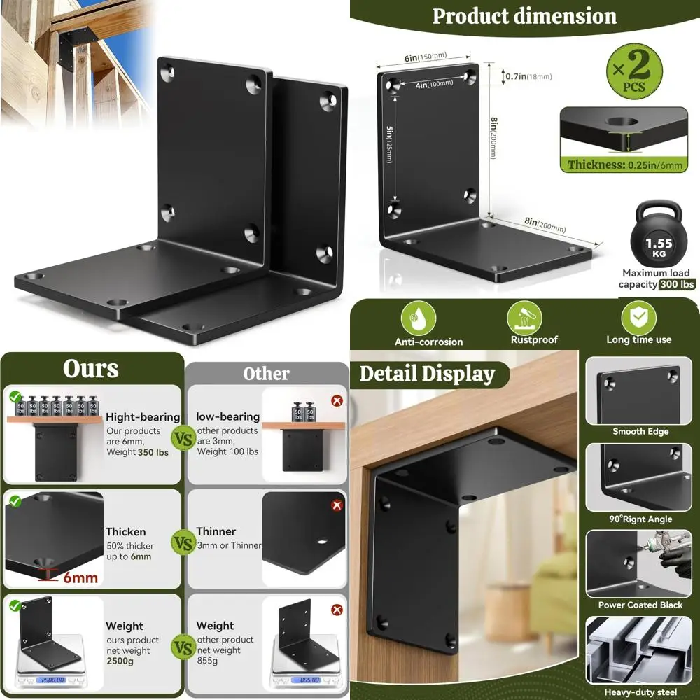 دعامات I من الفولاذ شديدة التحمل لأعمدة خشبية مقاس 8 × 8 × 6، وأقواس زاوية قوية، ودعم رف الموقد، وموصلات الشعاع