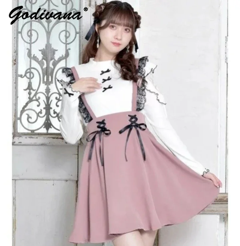 Fashion Japanese Style Lace Sweet Suspender Skirt Summer High Waist Female Students Pleated A- Line Straps Skirt for Women