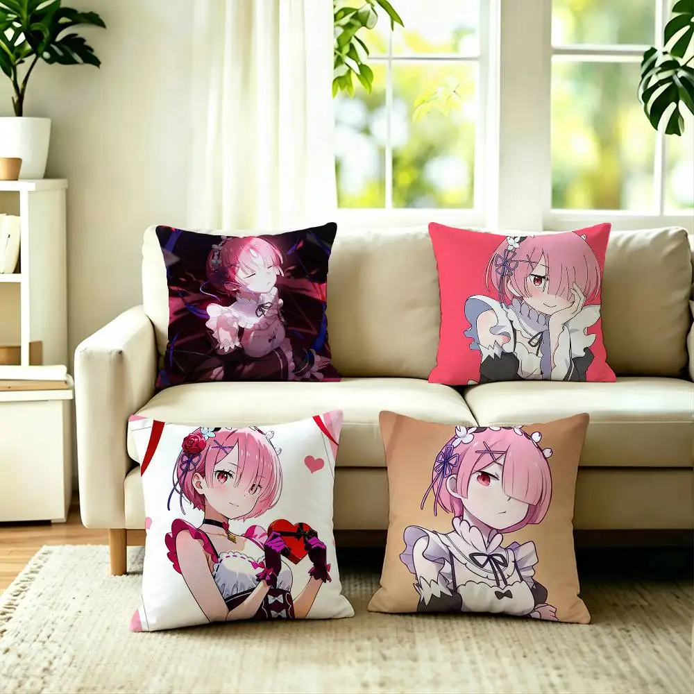 Cute Anime Character Ram Pillow Case Square Double-Sided Sofa Cushion Cover Bedroom Bedside Pillow