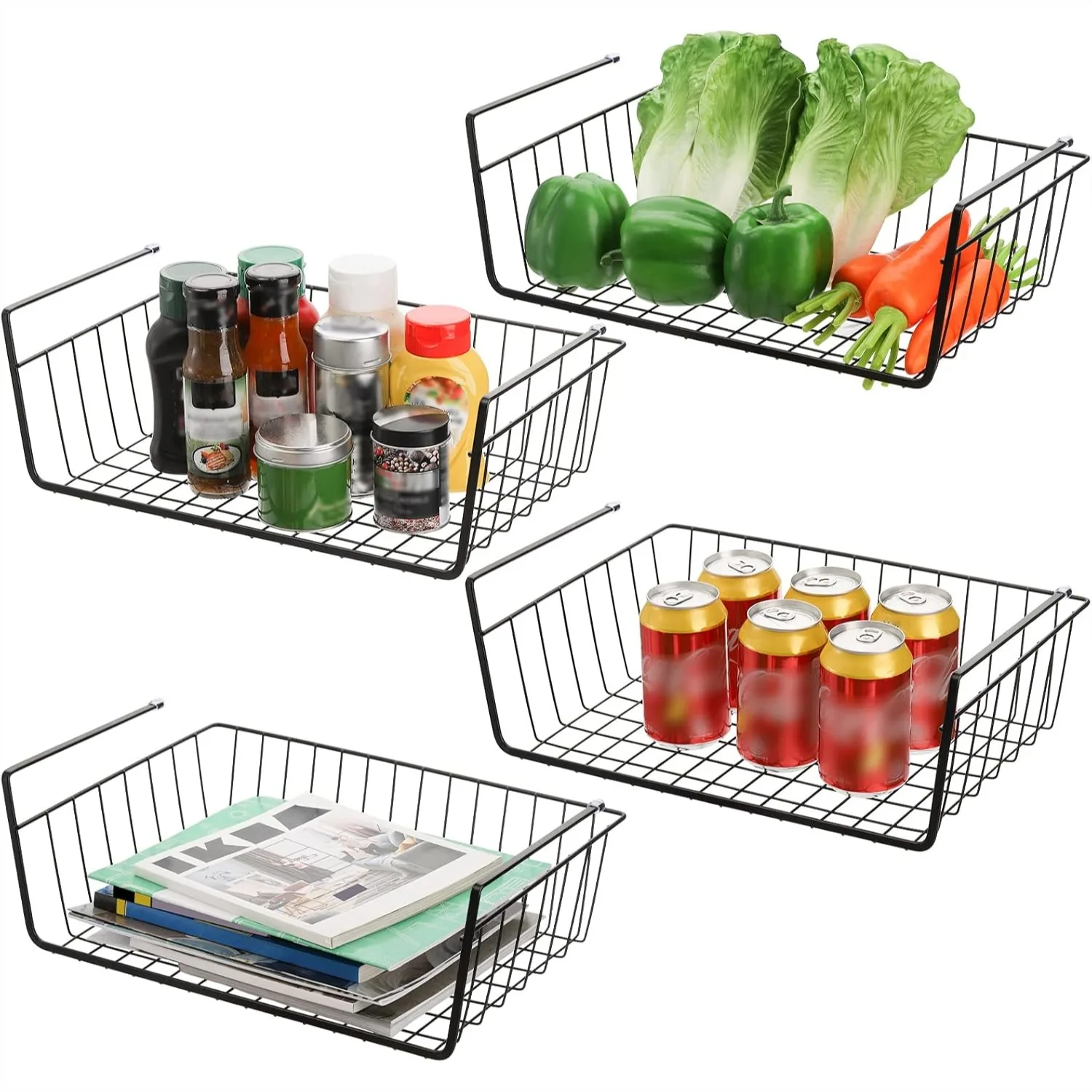 

4 Pack Under Shelf Wire Basket, Hanging Storage Baskets for Cabinet Pantry, Slide-in Organizer for Kitchen Desk
