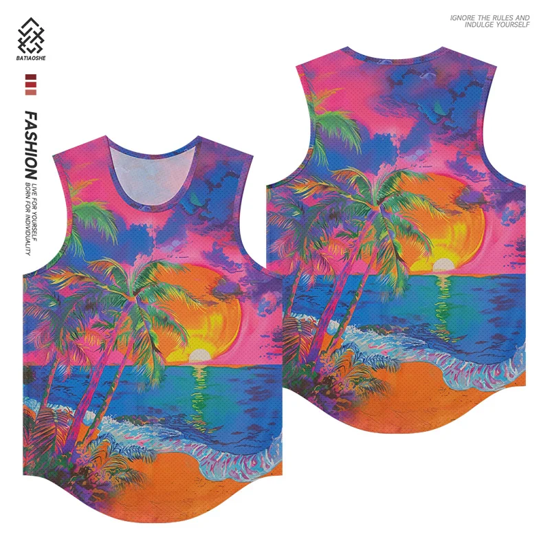 Men's Fashion Sleeveless Bottom Shirt Seaside Colorful Sunset Oil Painting Printing Tank Top Outdoor Sports Quick Drying