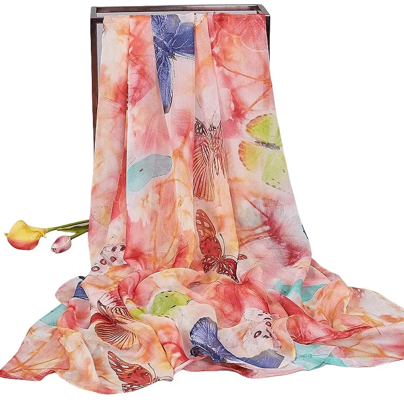 

Lightweight Large 100% Mulberry Silk Chiffon Scarf for Women Oblong Shawl Neck Scarf Beach Wrap Headscarf Gift Pack Pink Floral
