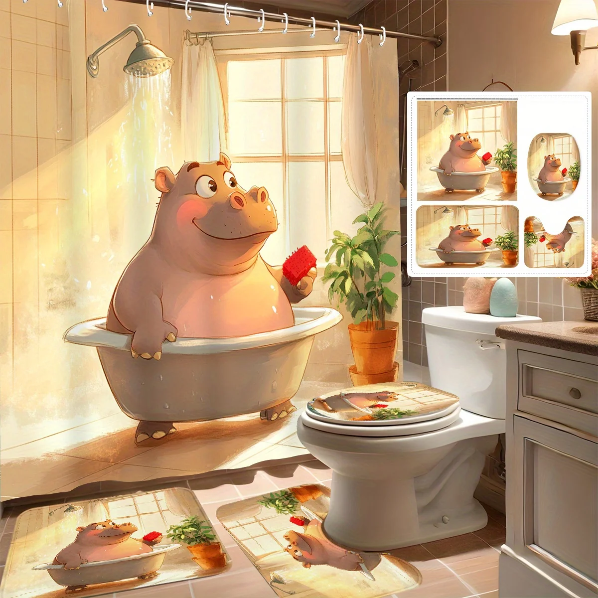 4pcs Shower Curtain Set, Cute Hippo Bathing Design, Modern Bathroom Decor, Includes 12 Hooks, Non-Slip Bath Mat, U-Shaped