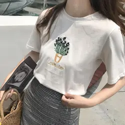 夏かわいいフラワー刺繍トップス白ルーズ綿カジュアル半袖女性の tシャツ