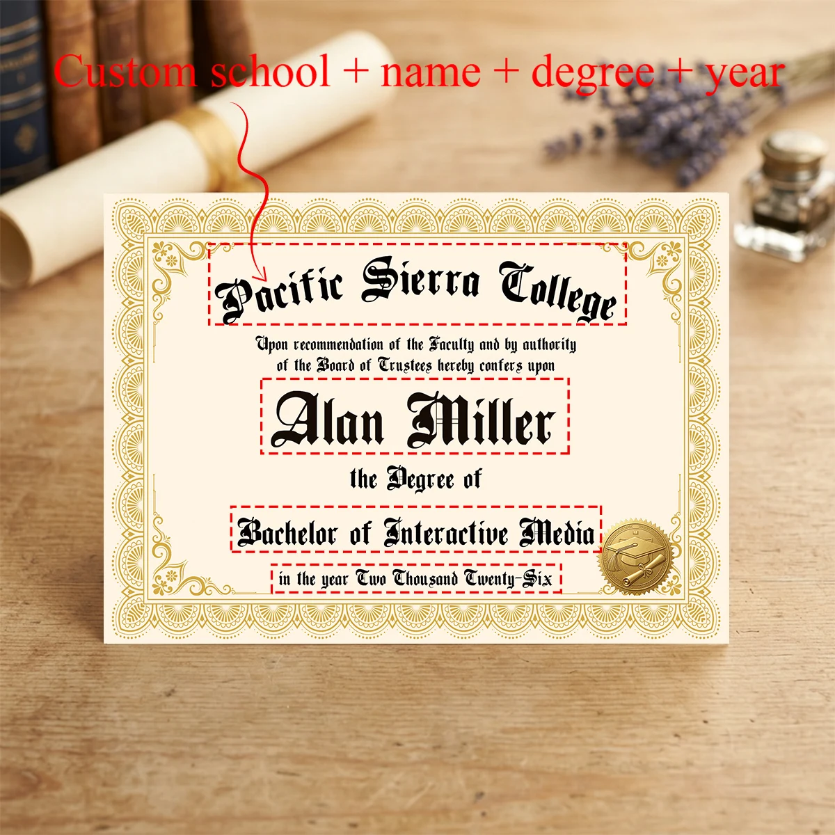 6 Cartões de Certificado de Diploma Personalizados, Personalizados para Escola, Nome, Curso e Ano, Diploma de Formatura Falso, para Adereço de Foto de Festa e Cartão Postal