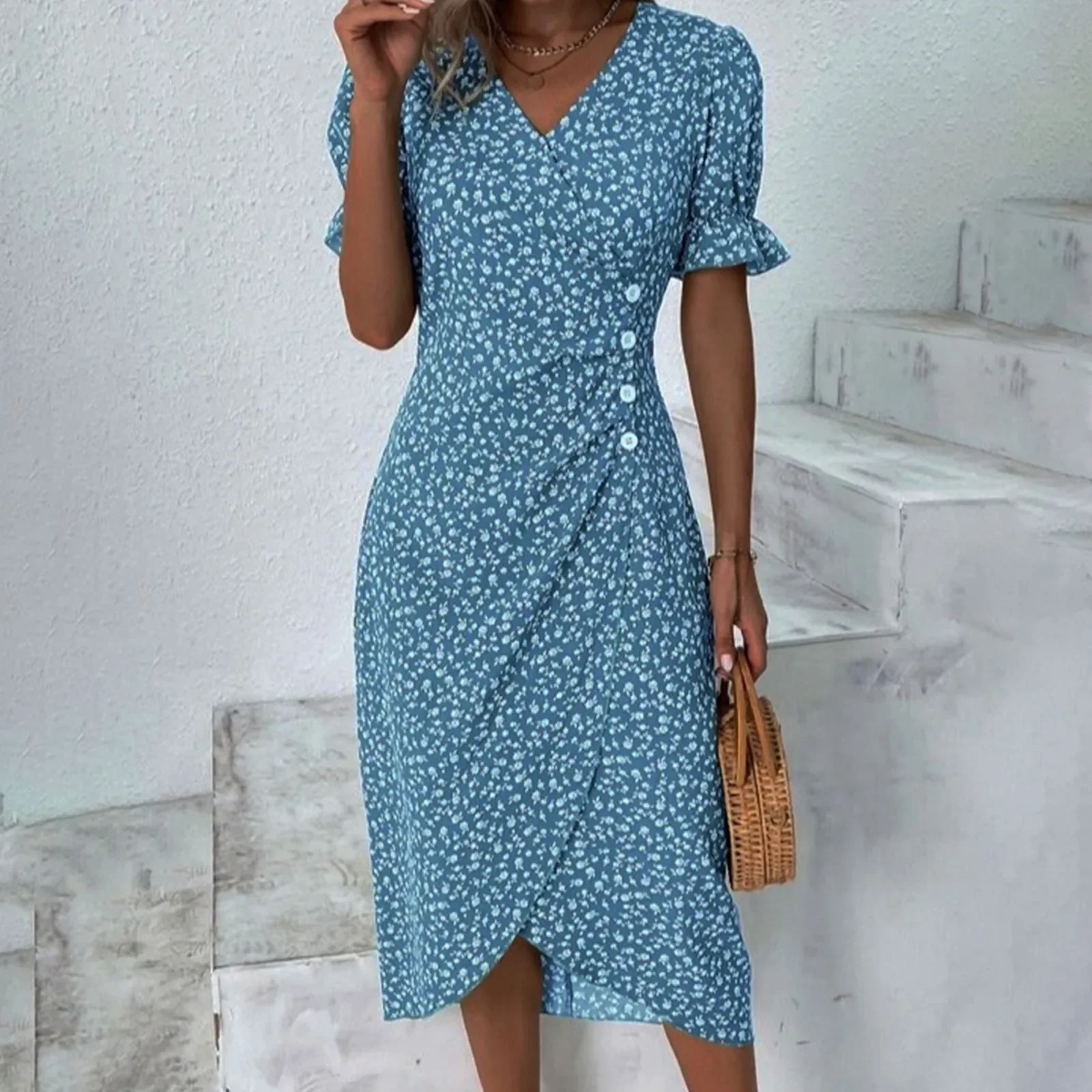 Elegant Floral Pleated H shaped Midi Dress Female V Neck Puff Sleeve Waist Ruched Button Dresses Women Summer Dress Robe