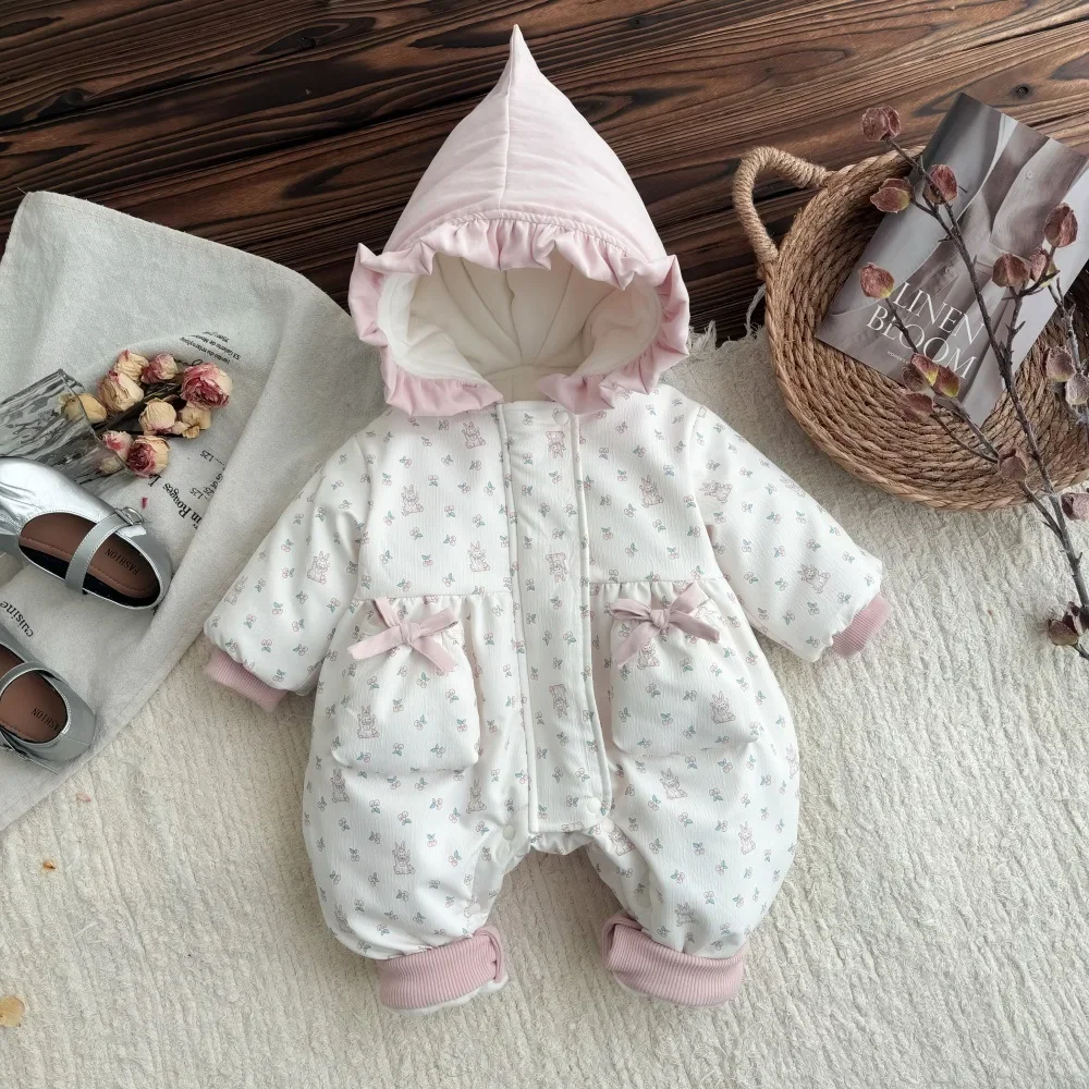 

2024 Winter New in Newborn Infant Thicken Floral Outfits ,toddler Kids Jumpsuits Baby Zipper Hooded Bow Romper 0-24M