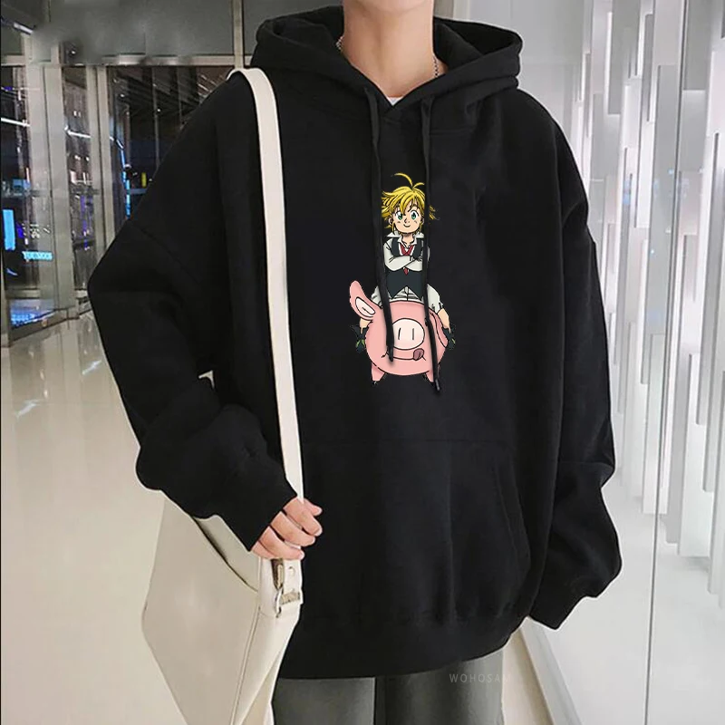 Harajuku Anime The Seven Deadly Sins Melioda And Hawk Men Hoodies Kawaii Clothes Fashion Patchwork Winter Streetwear Pullover