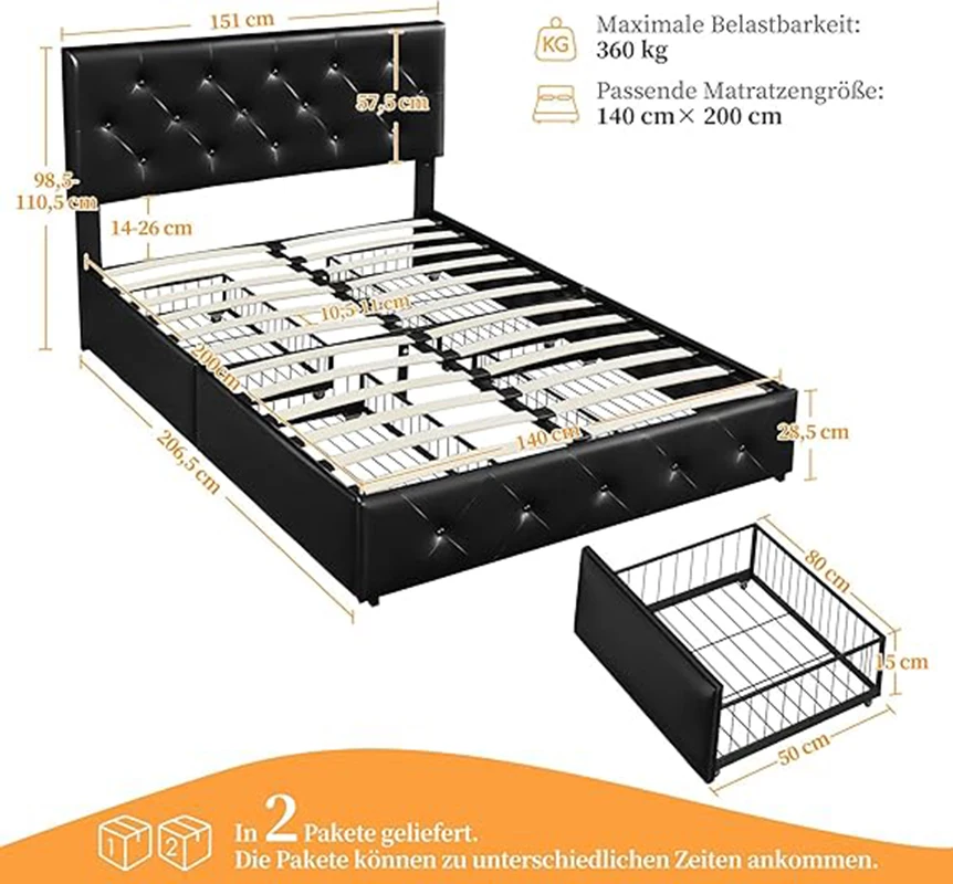 Yaheetech cushion bed 140x200 cm double bed bed frame with 4 drawers height adjustable headboard Padded bed with Latt