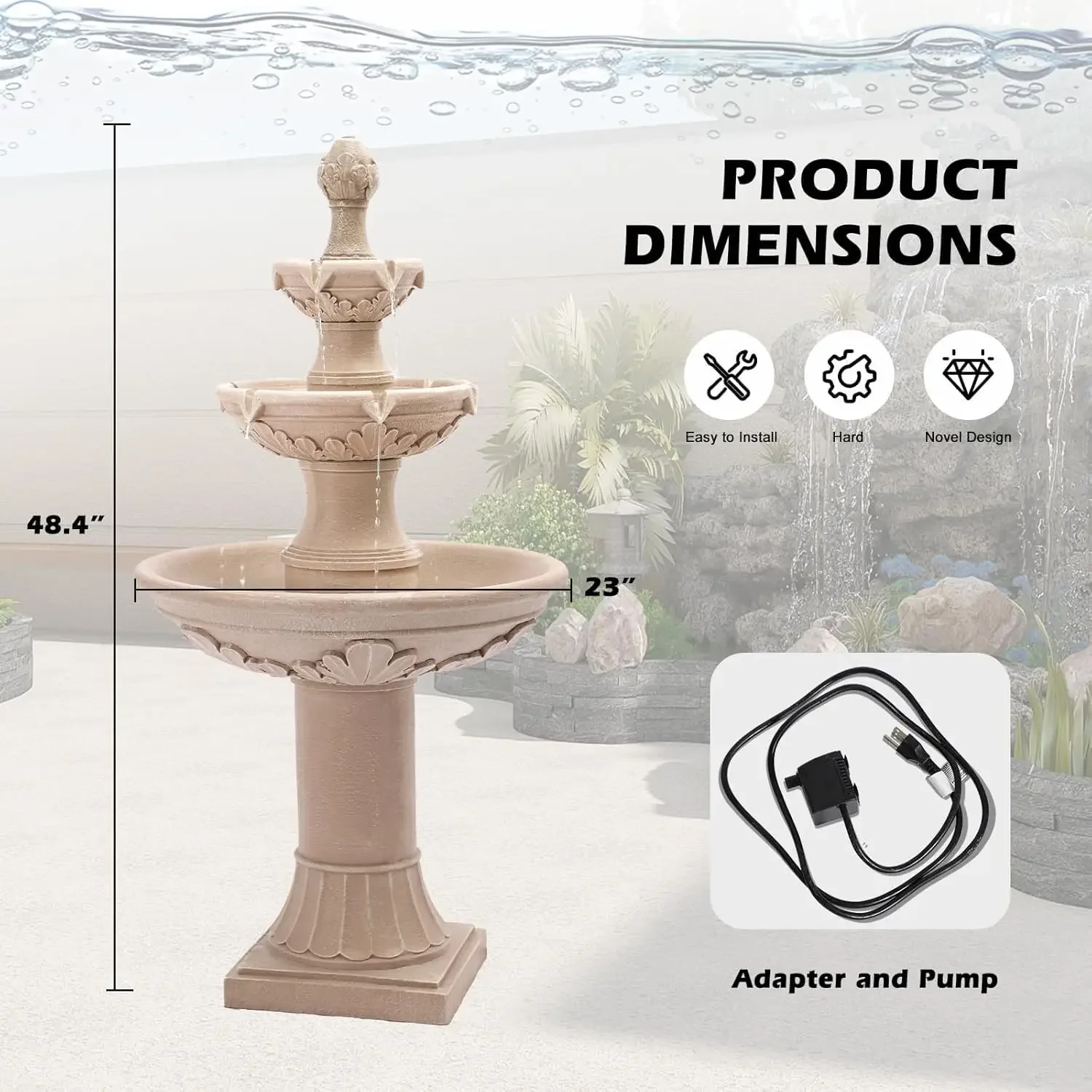 [عرض لفترة محدودة، اليوم فقط! ] نوافير وشلالات خارجية، نافورة شلال أرضية فقاعية مقاس 48.4 بوصة ارتفاع مع سطح أناناس أ