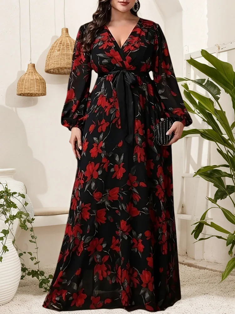 Gibsie plus size floral impressão com decote em v vestido com cinto feminino primavera e outono boêmio férias manga longa elegante maxi vestidos