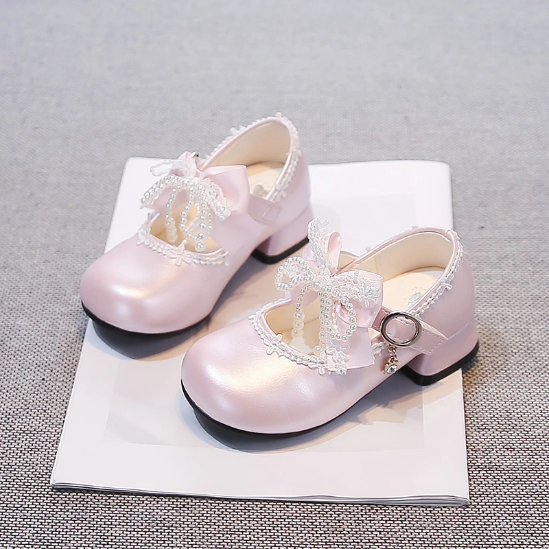 Girls Leather Shoes High Heels Kids Princess Shoes for Party Wedding 2026 Brand New Children Dance Shoes Sweet Beading Bows
