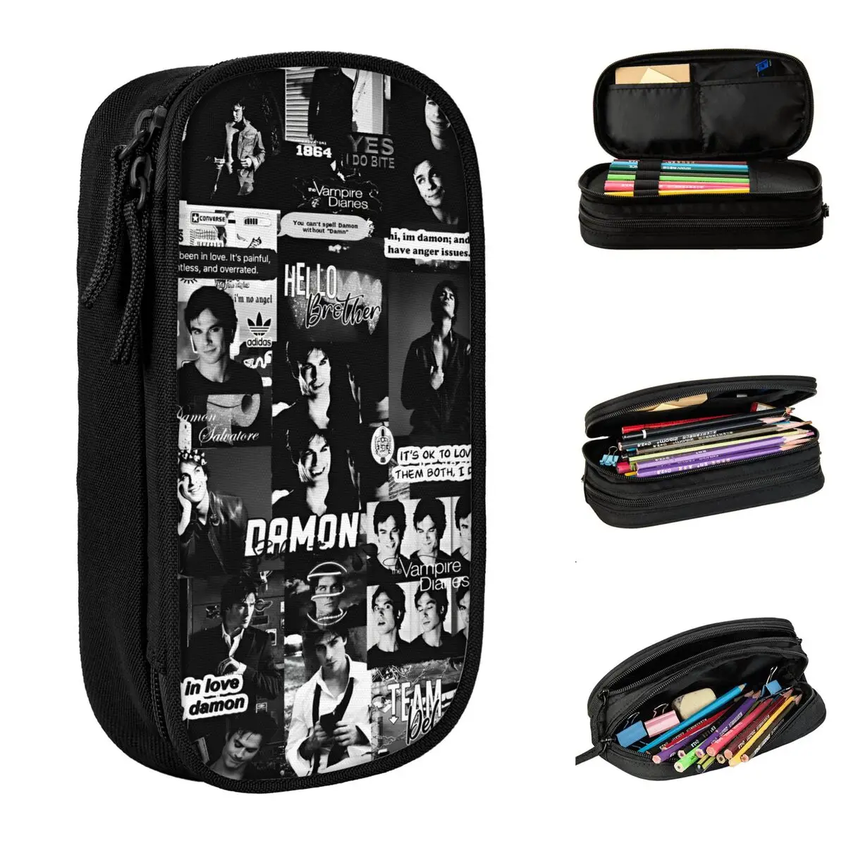 The Vampire Diaries Damon Salvatore Pencil Cases TV Series Pen Box Bag Student Big Capacity Office Gift Pencilcases