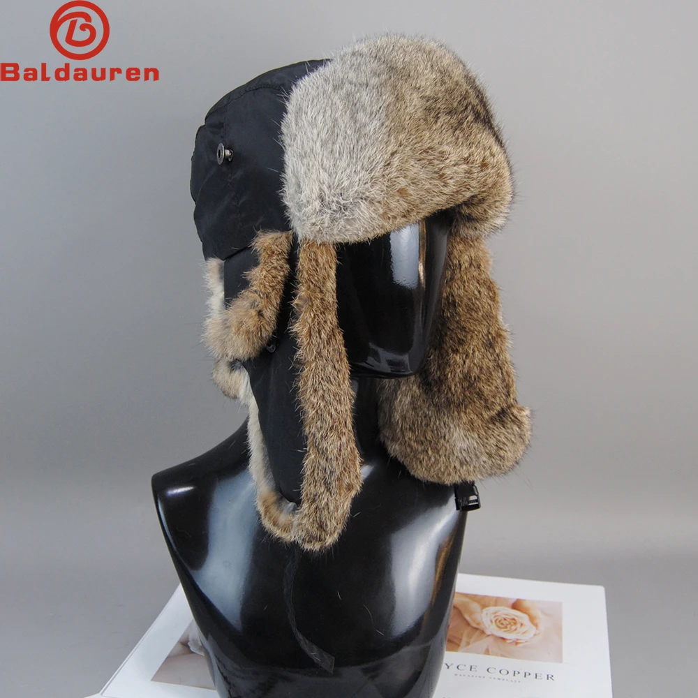 Hot Sale Winter Unisex Hat Men 100% Natural Warm Genuine Rabbit Fur Bomber Hats Women Outdoor Real Rabbit Fur Ear Protection Cap