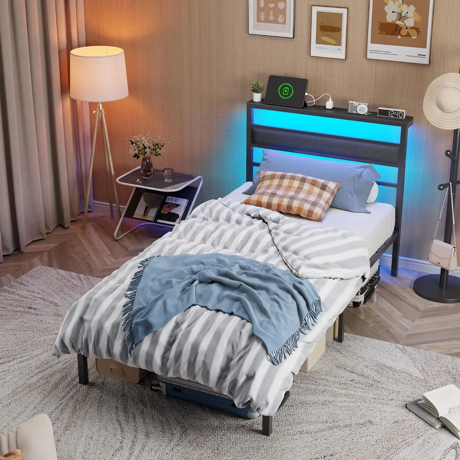 Twin Bed Frames for Kids, Metal Platform Bed Frame Twin Size with Charging Station and LED Lights, Upholstered, Custom view 6
