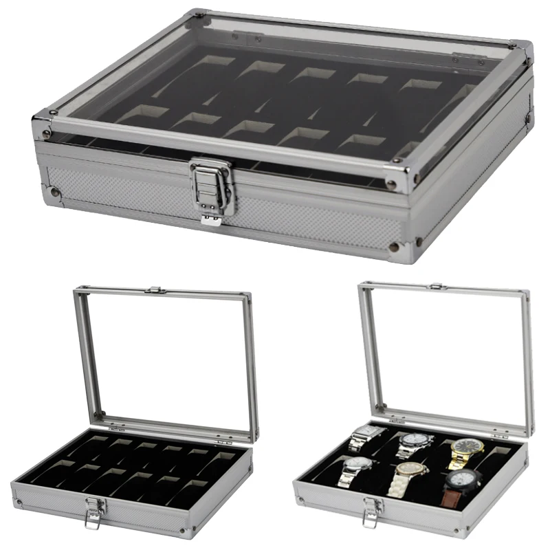 VANSIHO 6/12/24 Slots Shockproof Multiple Positions  Aluminum Watch Case Display Storage Box Wristwatch Organizer Box