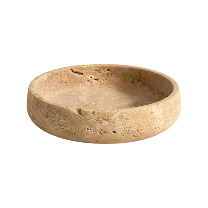 Natural Travertine Round Bowl Beige Stone Serving Dish Decorative Tray For Home Kitchen Vanity Party