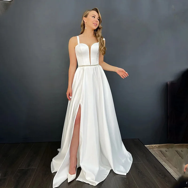 

Simple Cheap Spaghetti Straps A Line Wedding Dresses Beaded Belt Side Slit Princess Party Gowns 2022