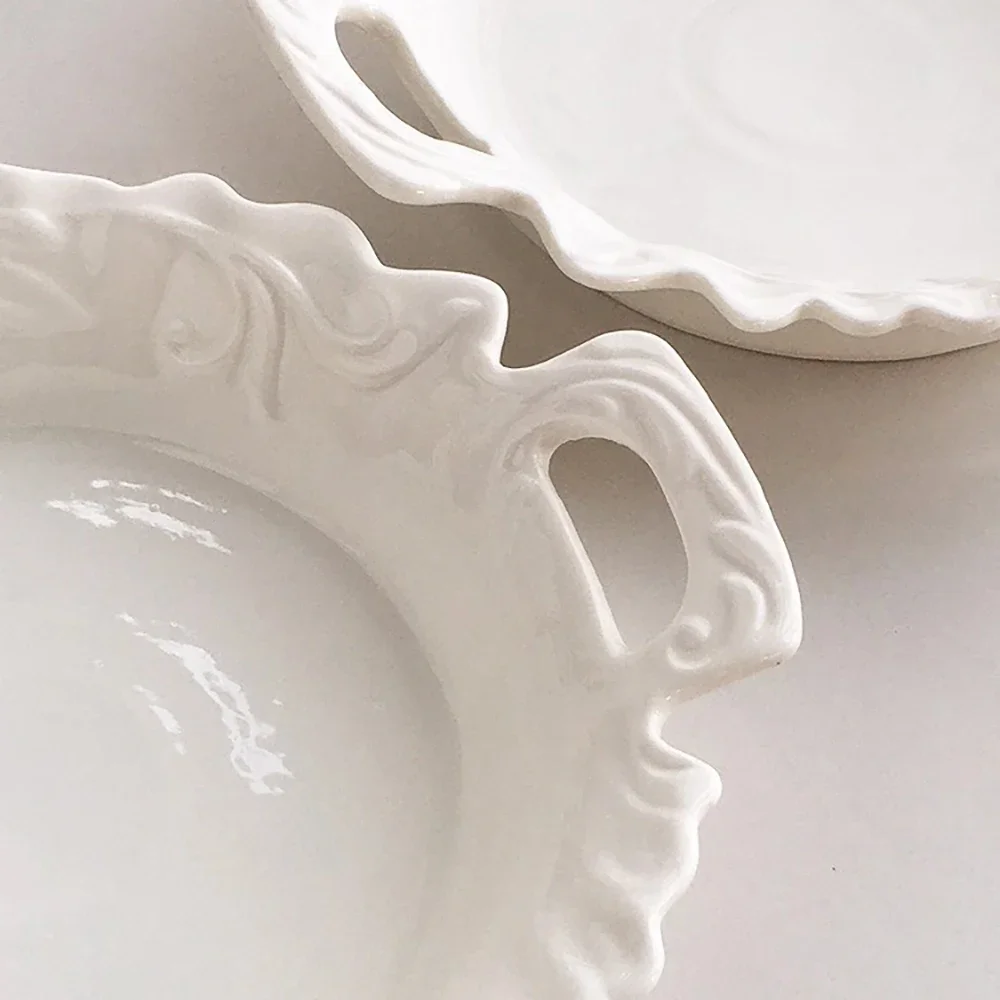 French Vintage Relief Ceramic Bowl with Handles Floral Edge Solid Household Food Container Yogurt Fruit Salad Breakfast Bowls