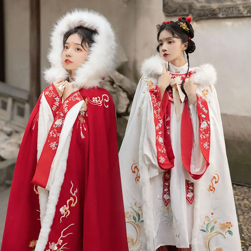 Winter Hanfu Chinese Style Autumn Winter Women Hanfu Cloak Red White Fur Collar Flower Printed Fleece and Thickened Cape Fairy C