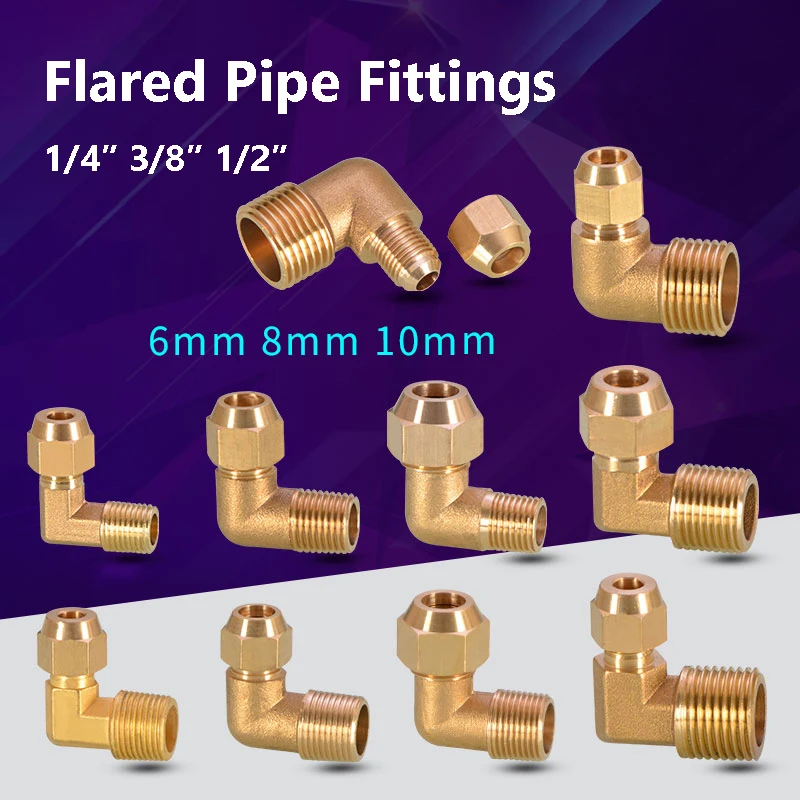 

Раструбная трубка 1/4 дюйма, 3/8 дюйма, 1/2 дюйма, латунное развальцовое соединение, коленчатое соединение с гайкой, латунные фитинги для труб, развальцованные коленки 90 ° Фитинг