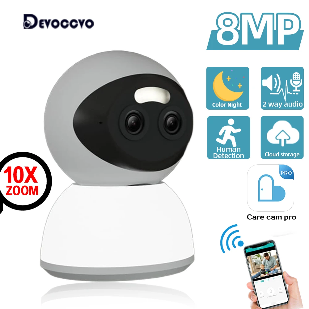 

8-мегапиксельная PTZ-камера с двумя объективами, Wi-Fi, IP-камера с 10-кратным зумом, внутренняя камера видеонаблюдения для домашней безопасности, 2-сторонняя аудиокамера с автоматическим отслеживанием радионяни