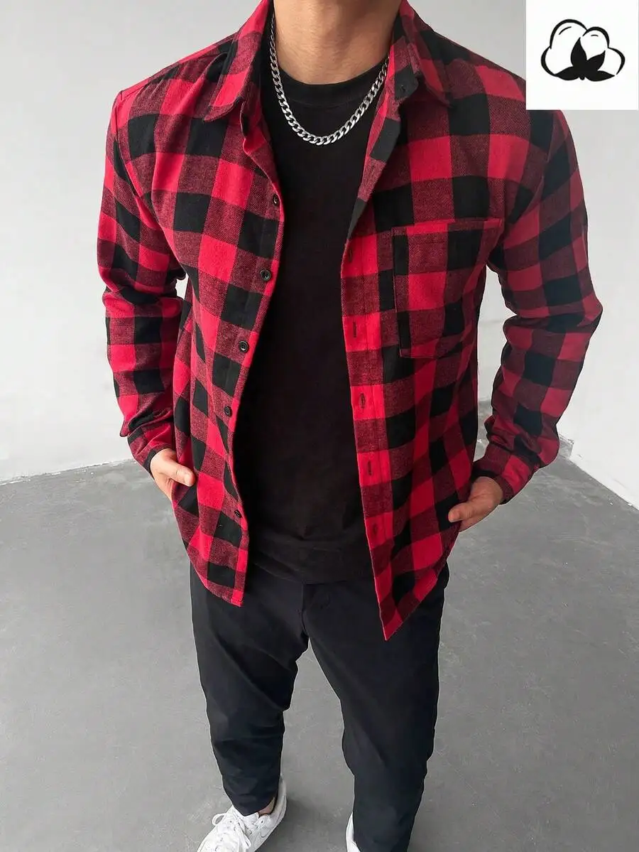 

Men's Red Black Plaid Long Sleeve Casual Shirt, Cotton Blend, Holiday Gift