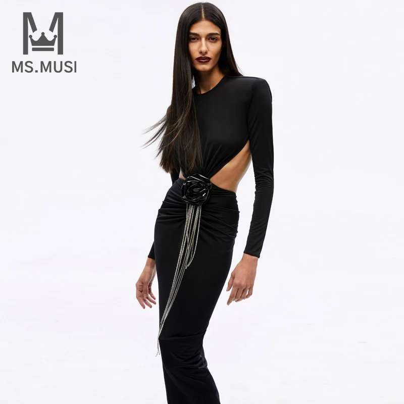 

MSMUSI 2024 New Fashion Women Sexy Floral Embellished Crystal Tassels Long Sleeve Backless Bodycon Party Club Maxi Dress Gown