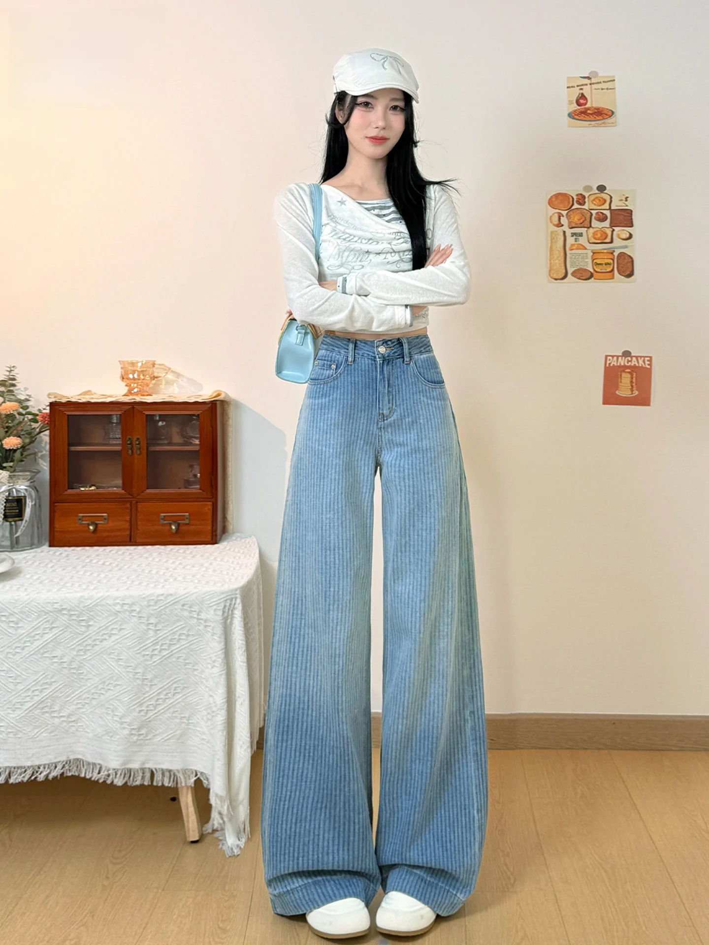 

Retro American Washed Straight Leg Jeans Women's Summer Hot Pants High Waist Casual Cotton Blend Floor Length Trousers