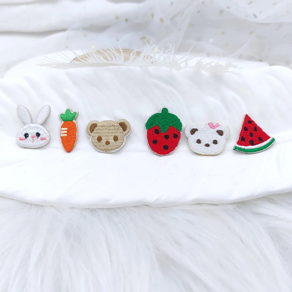 Mini Bear Strawberry Carrot Rabbit Self Adhesive Embroidery Patches Scratch Patch Decorate Mobile Phone Bags DIY Hairpin Brooch