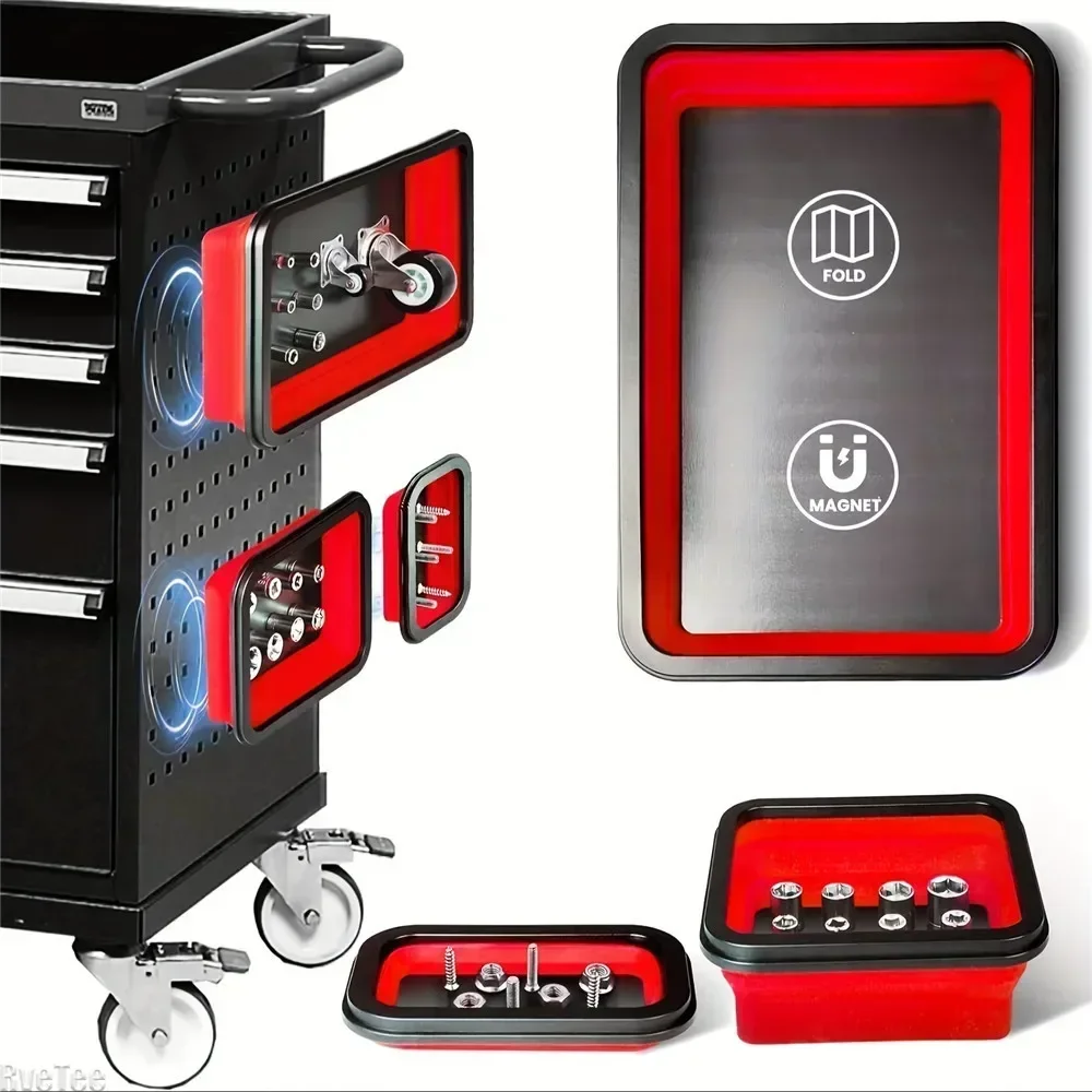 

Tool Box Organizer Tray with Strong Magnet Base 3 PCS Parts Trays Mechanic's Magnetic for Secure Holding Tools Magnetic Foldable