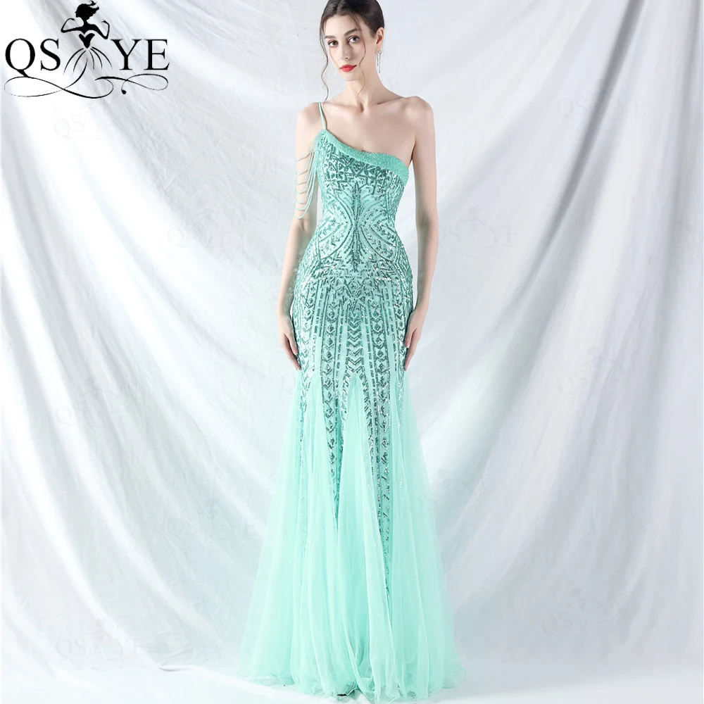 One Shoulder Emerald Prom Dress Mermaid Crystal Beaded Strings Pattern Sequin Lace Evening Dress Tulle Bottom Green  Formal Gown