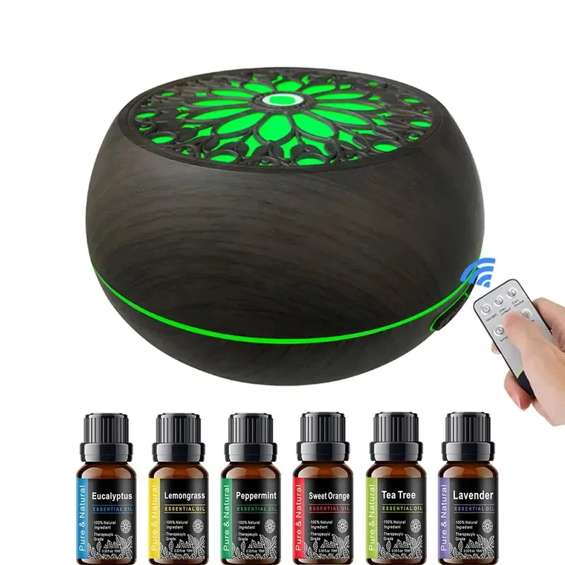 550ml 핑크 꽃무늬 쿨 미스트 가습기 및 아로마테라피 디퓨저, 에센셜 오일 6개, 사운드웨이브 기술, 리모컨, USB, 프리필 포함