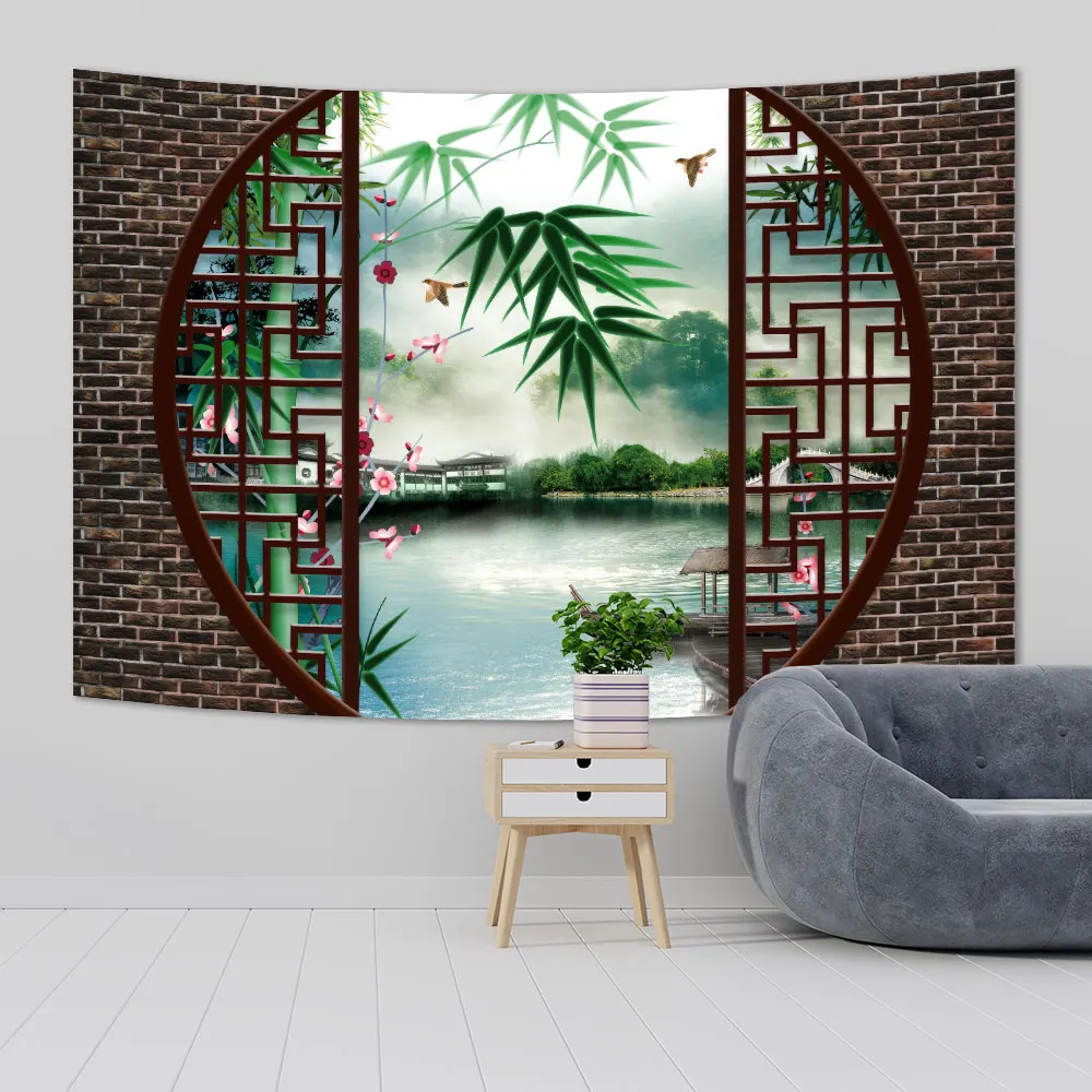 Chinese Style Vintage Landscape Wall Hanging Tapestries Garden Backdrop Cloth Living Room Decorations