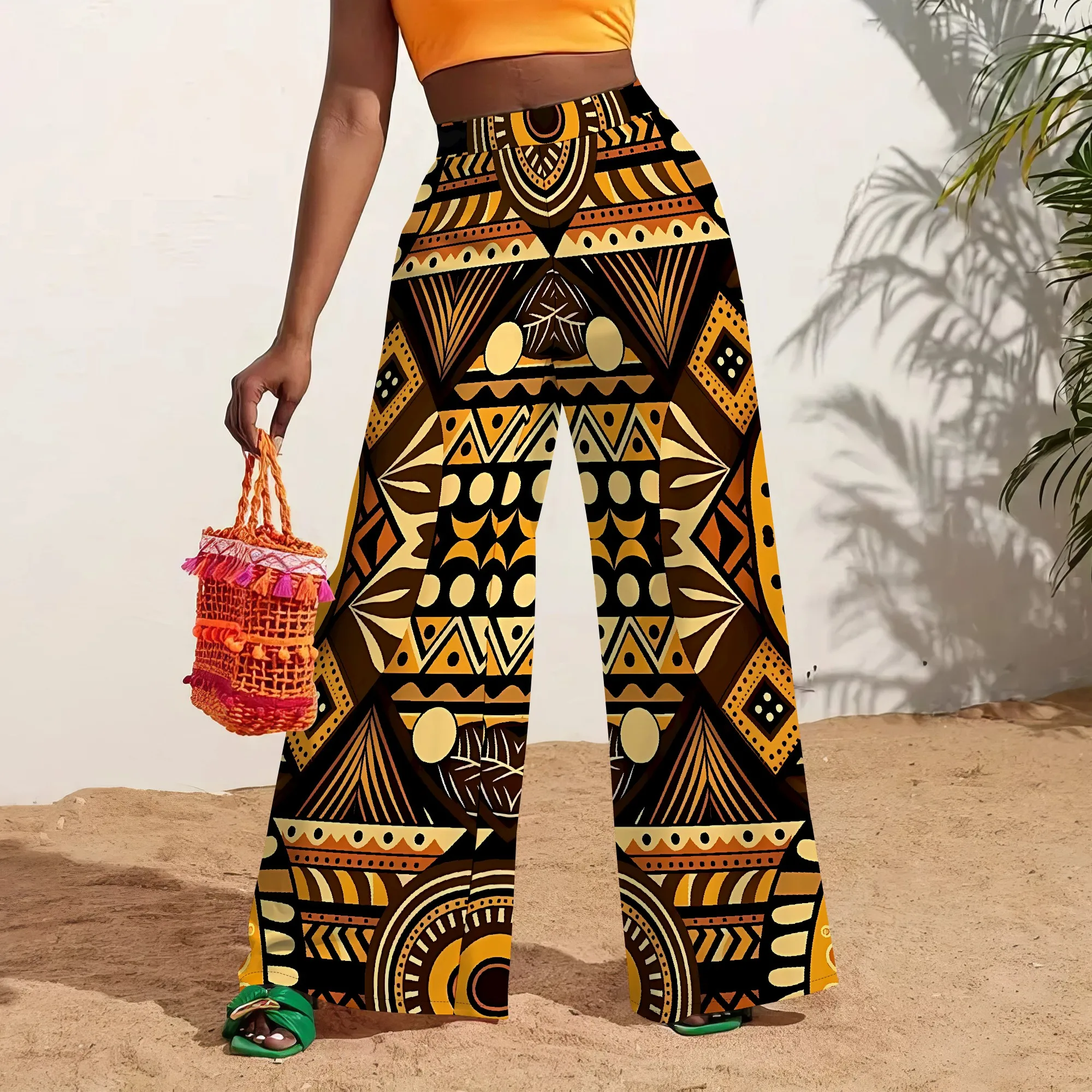 

Nupusa Ethnic Geometric Print Pants for Women Summer Casual High - Waist Wide Leg Trousers