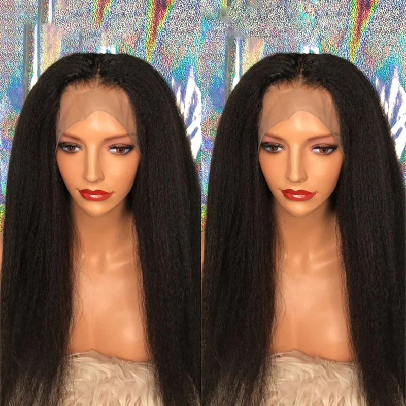 Natural Black Soft 26Inch 180Density Yaki Kinky Straight Lase Front Wig For Women With BabyHair Synthetic Preplucked Glueless