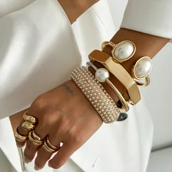 DIEZI Exaggerated Imitation Pearl Cuff Wide Bangles For Women Men Vintage Heavy Geometric Metal Spring Bangle Bracelet Jewelry