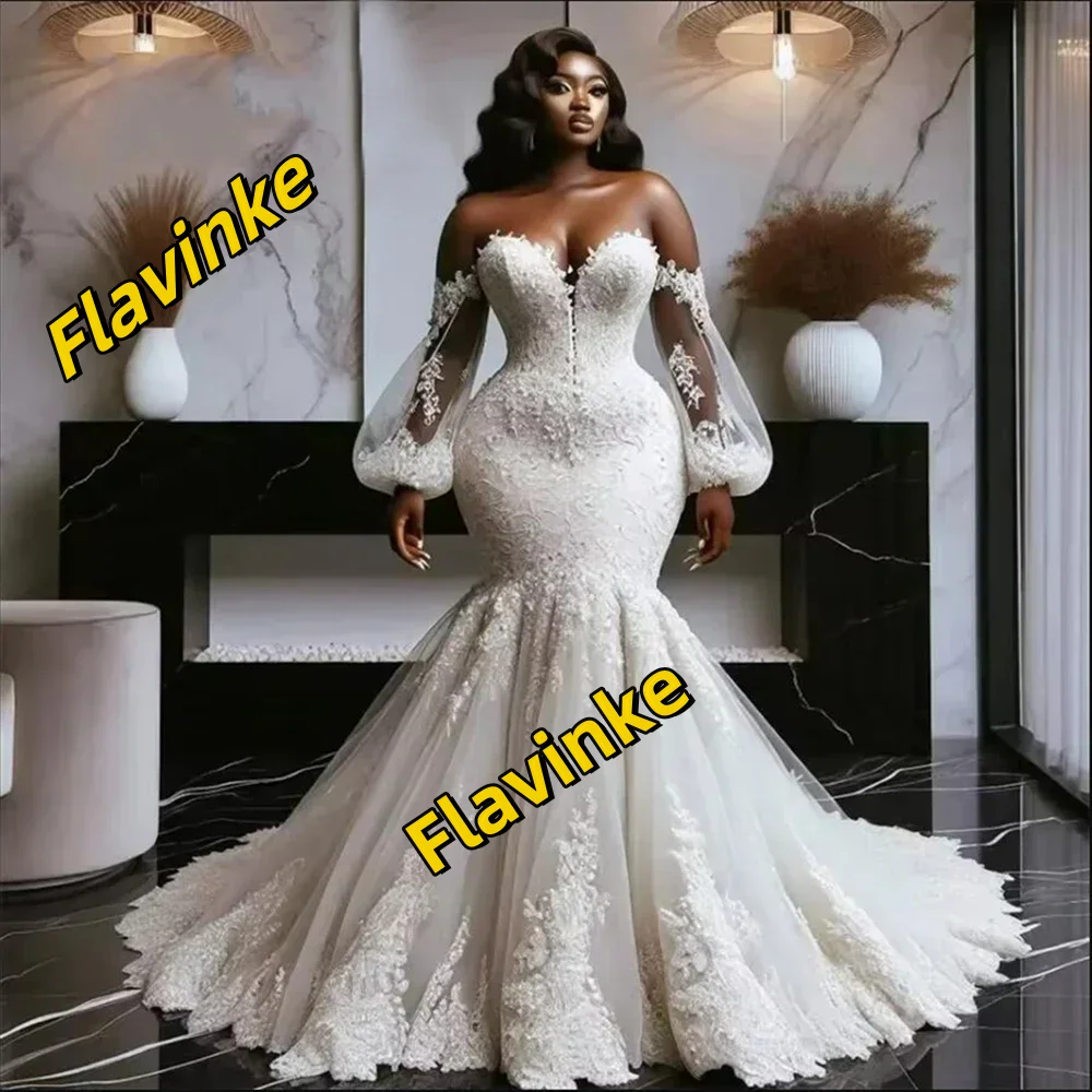 

Flavinke Customized Mermaid Women Wedding Dresses Lace Printing Backless Bridal Gowns Mopping Length Ball Vestidos De Novias