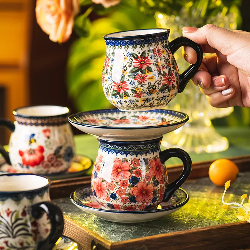 Bohemian Coffee Cup with Saucer Set, High-Value Home Afternoon Tea, Vintage Tea Set, Women's Water Bottle, Ceramic Mug, 220ml