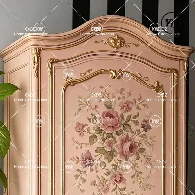 French Retro Solid Wood Wardrobe Antique Pink Painted Flower Single Door Large Capacity Carved Locker