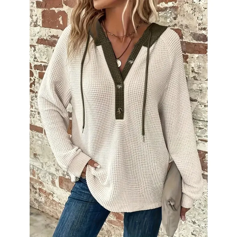 Plus Größe 1XL-5XL Damen Einfarbig Waffel Kapuze Langarm Pullover Lose Fit Knopf Detail Mode Top