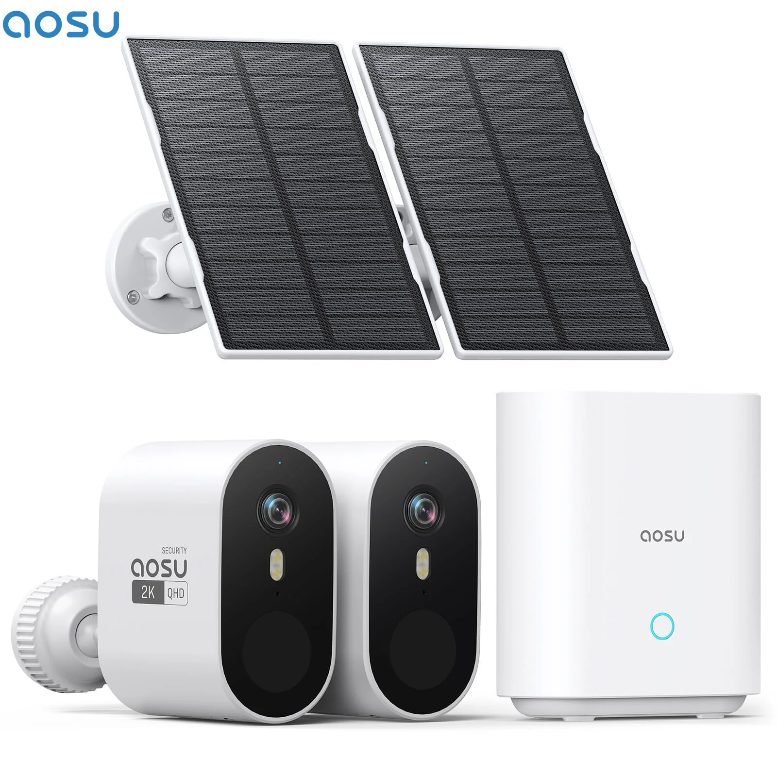 AOSU 3MP WiFi Solar Camera System 2 Cam Kit Built-in Battery Outdoor Wireless Color Night Vision 2-Way Talk Home Security Camera