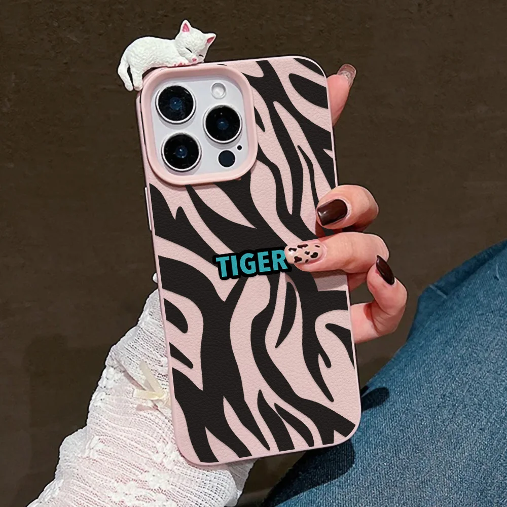 Zebra-Druck mit 3D-süßer Katze Ledertasche für iPhone 17 11 15 16 Pro Max 12 13 14 Pro Max 17 Air 15 Plus stoßfeste Funda-Abdeckung