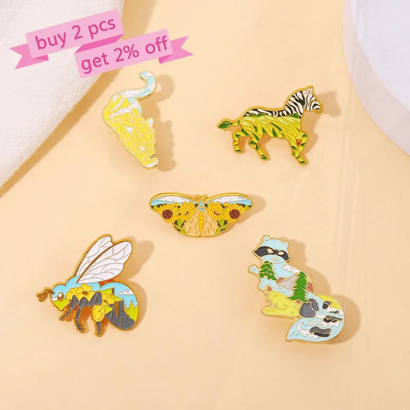 Bee Pines Lapel Badges Natural Scenery Jewelry Gift for Kids Friends Wild Animals Enamel  Brooch Custom Zebra Raccoon Leopard